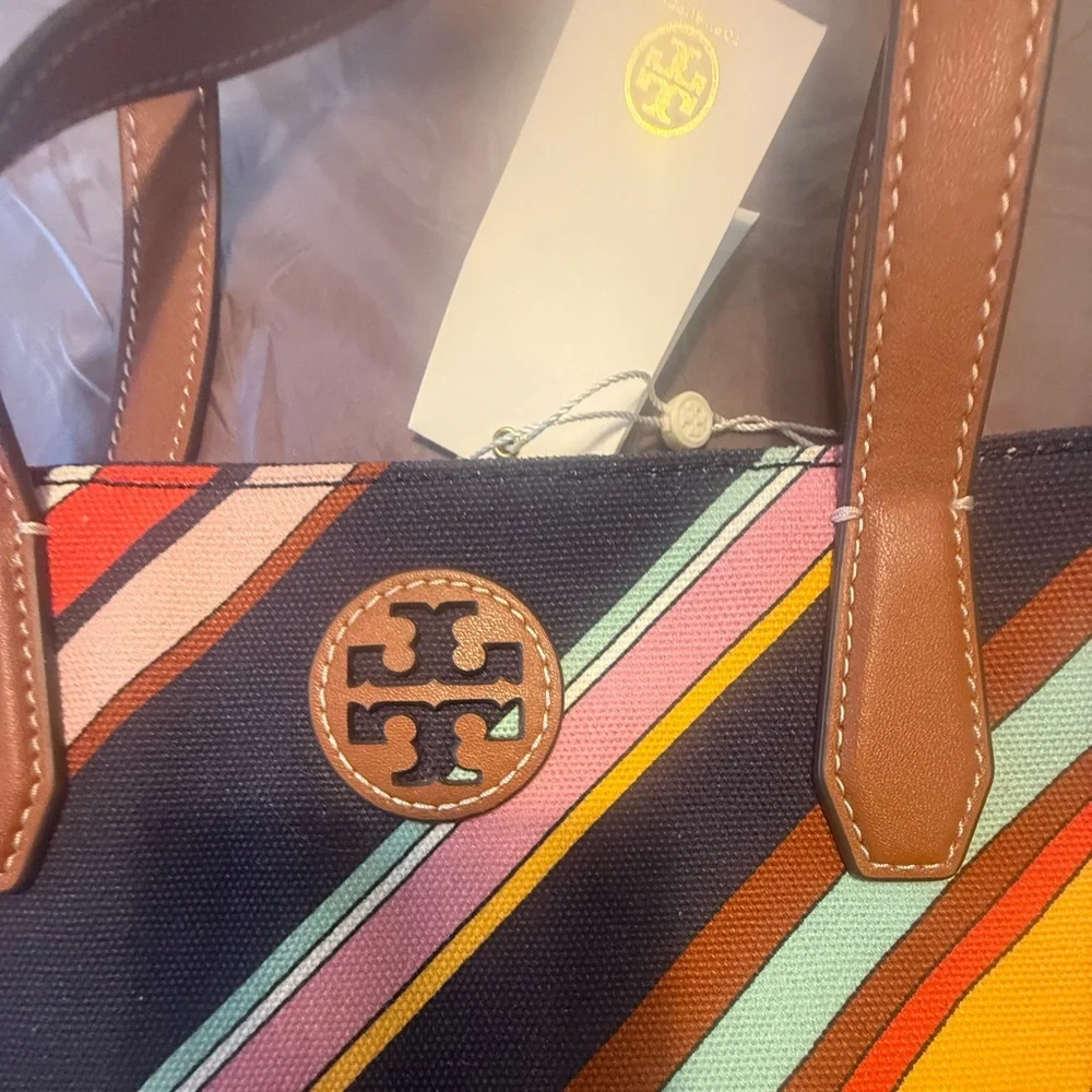 NWT Tory Burch Key Item Canvas/Leather Medley Multicolor Striped Tote MSRP $298 - Picture 4 of 11